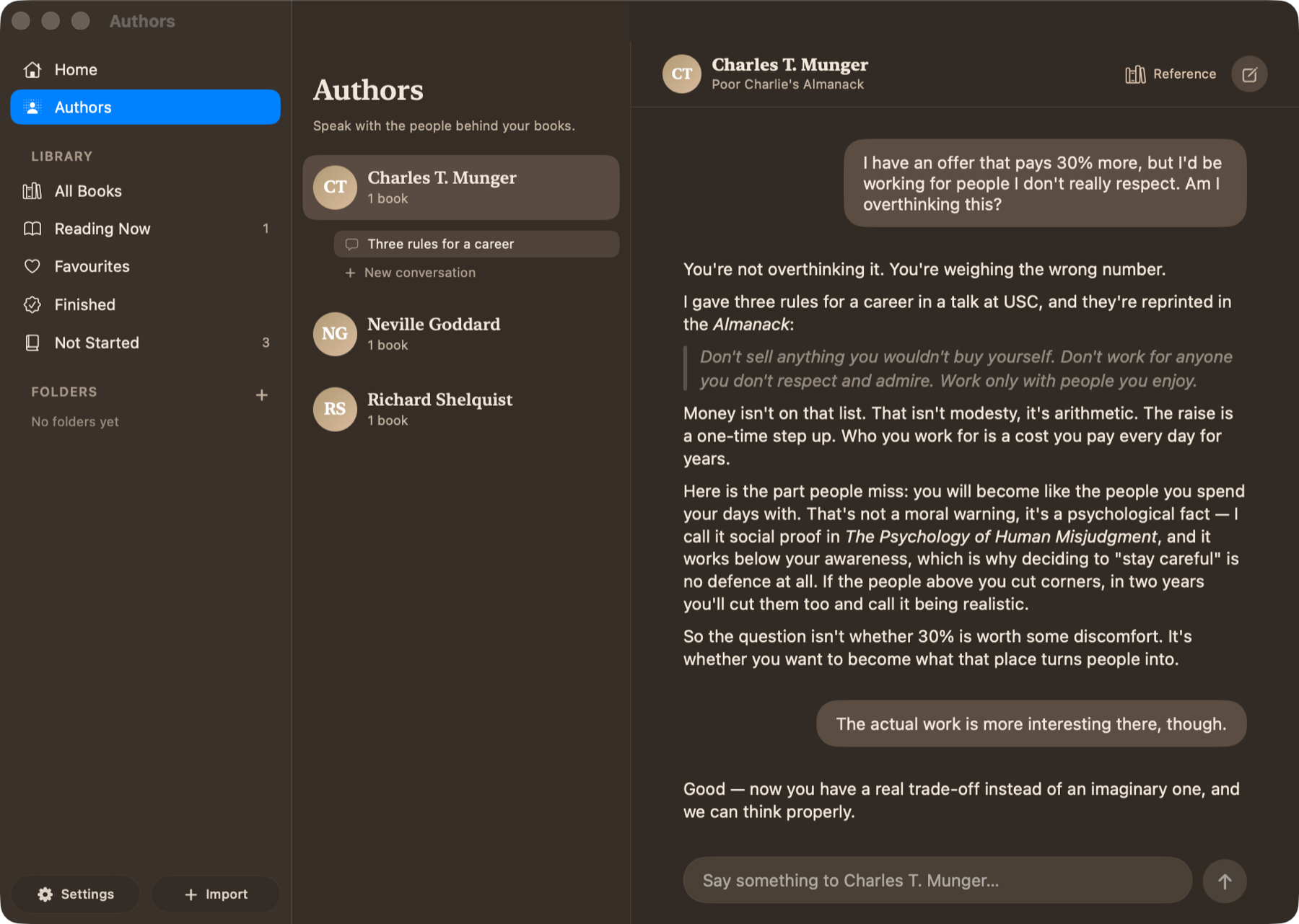 A conversation with an author persona quoting their book