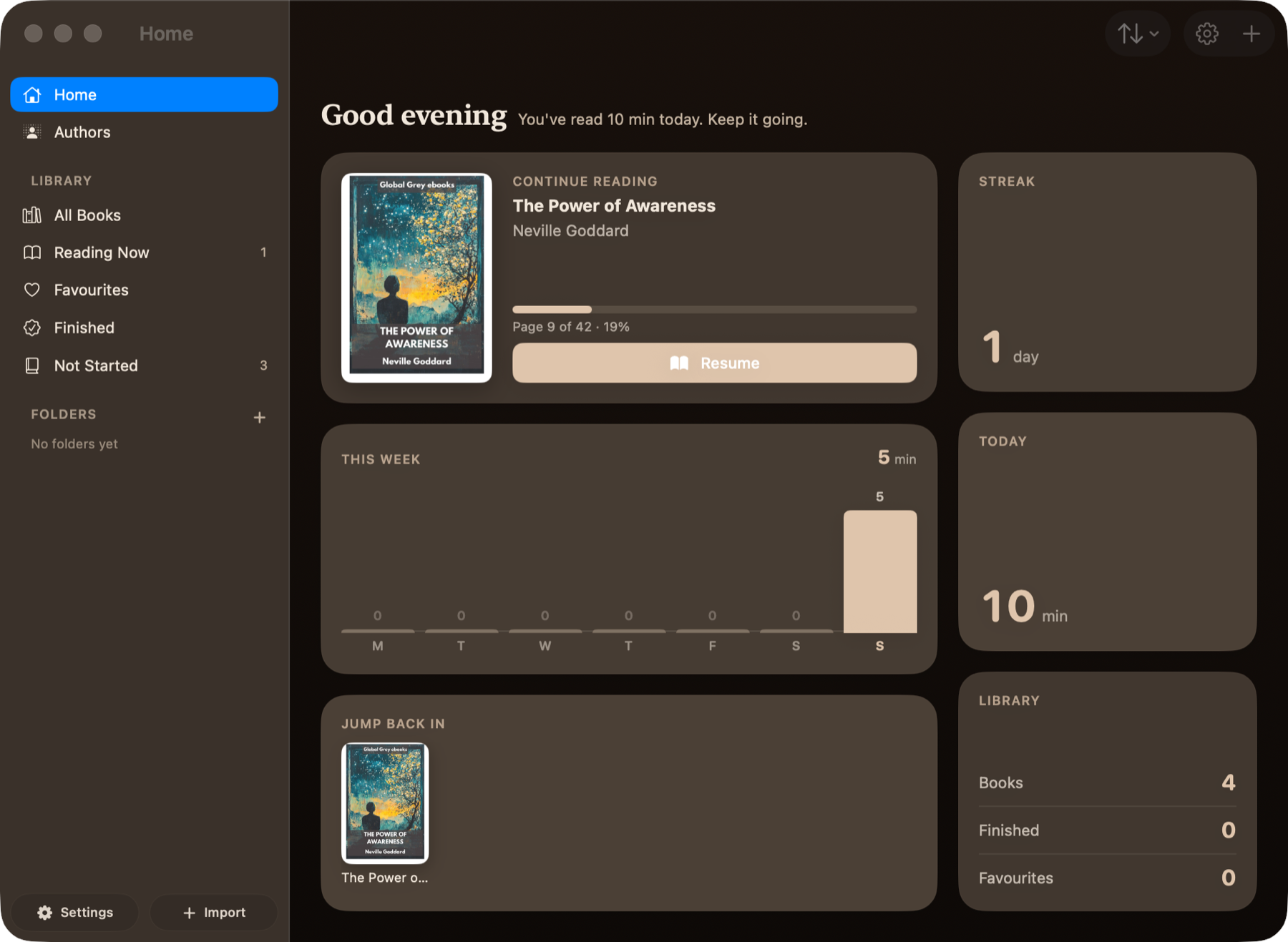 The Home dashboard with streaks, weekly minutes and library totals